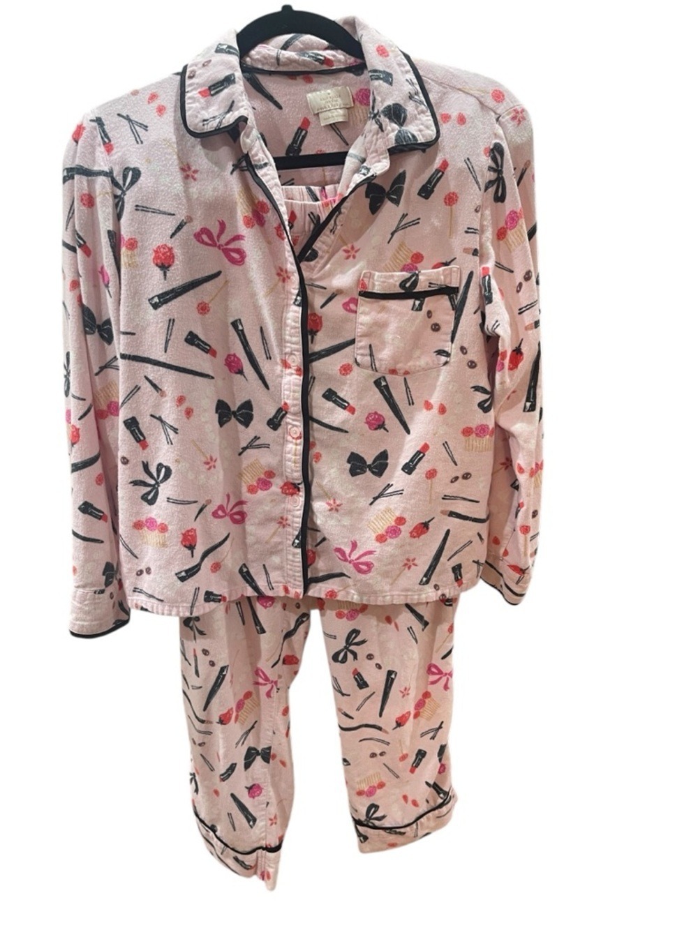 Kate Spade 2 PC Flannel Pajama Set Lipstick Bows Flowers SZ M Pink Black